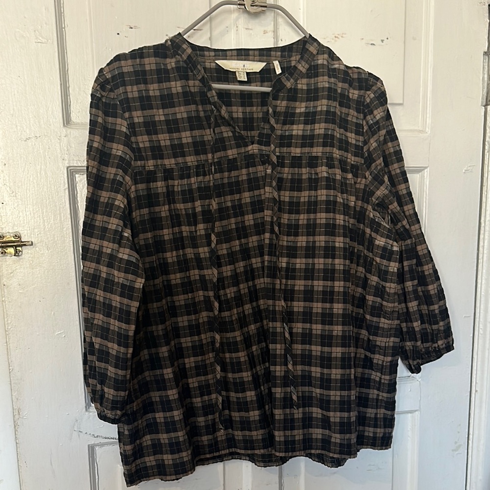 Barbour “Lorelei” Black and Tan Plaid Three-Quarter Sleeve Blouse